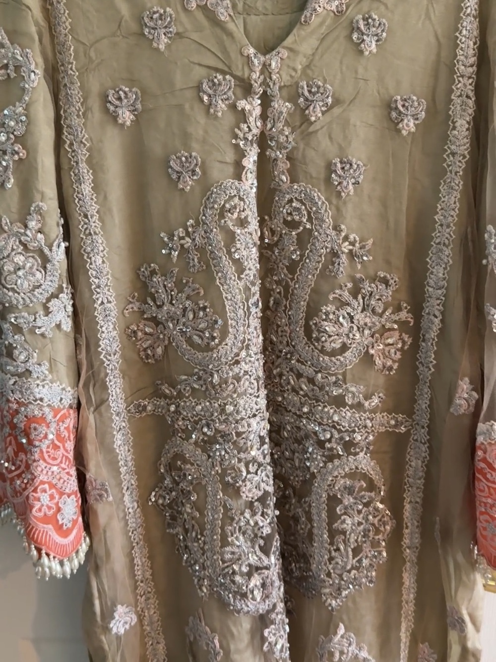 Sana Safinaz Beige 3-Piece Suit, Size XL Crystal & Pearl Embellished - Picture 4 of 17